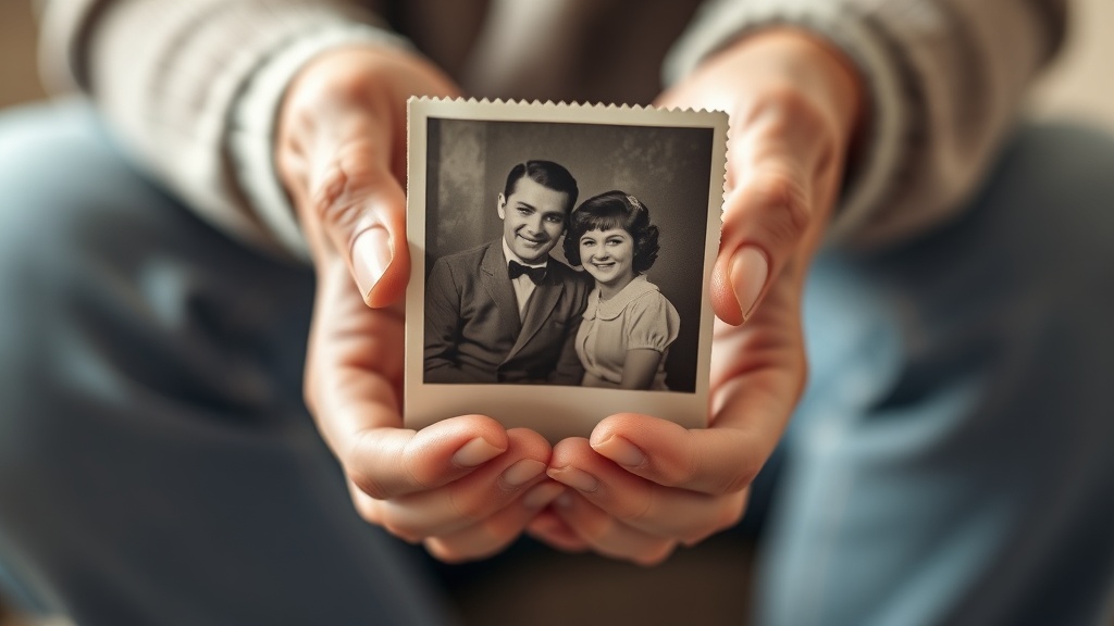 Elderly hands holding an old family photograph